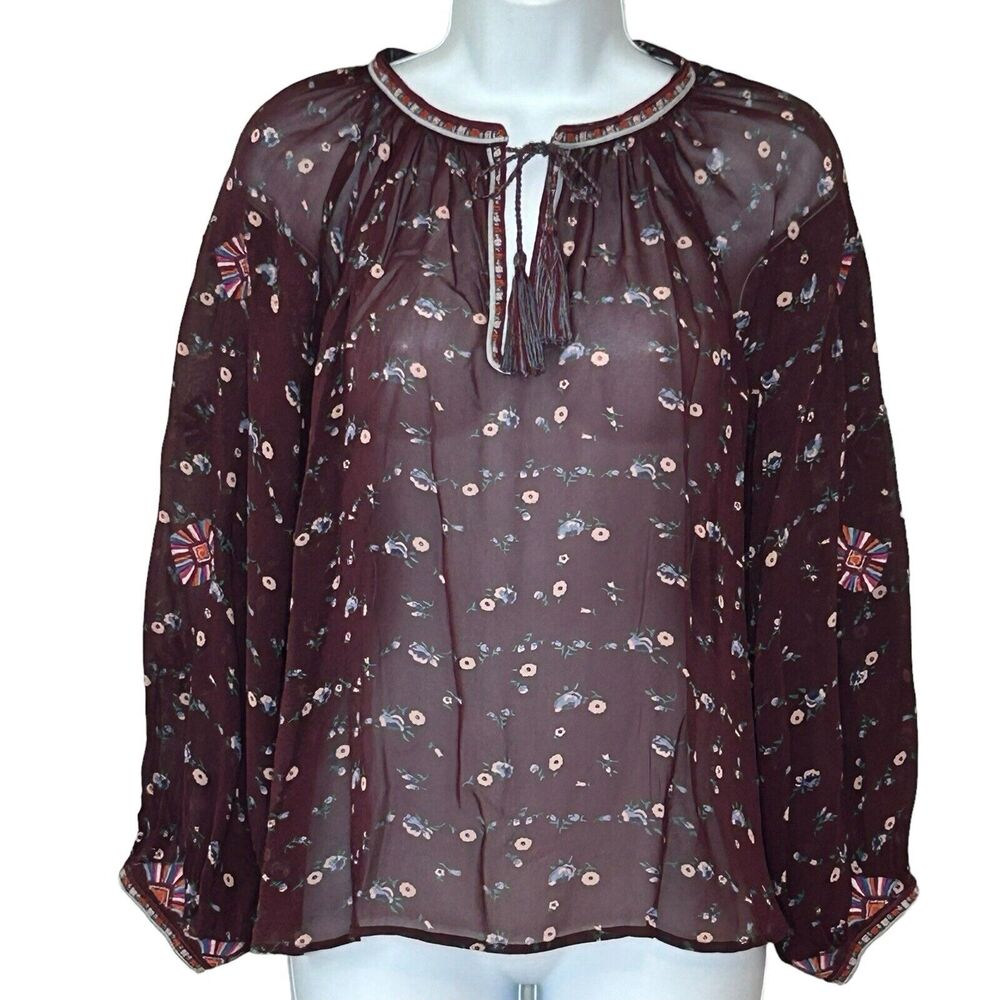 Ulla Johnson Silk Blouse 2 Boho Burgundy Floral Embroidered Tie Tassels